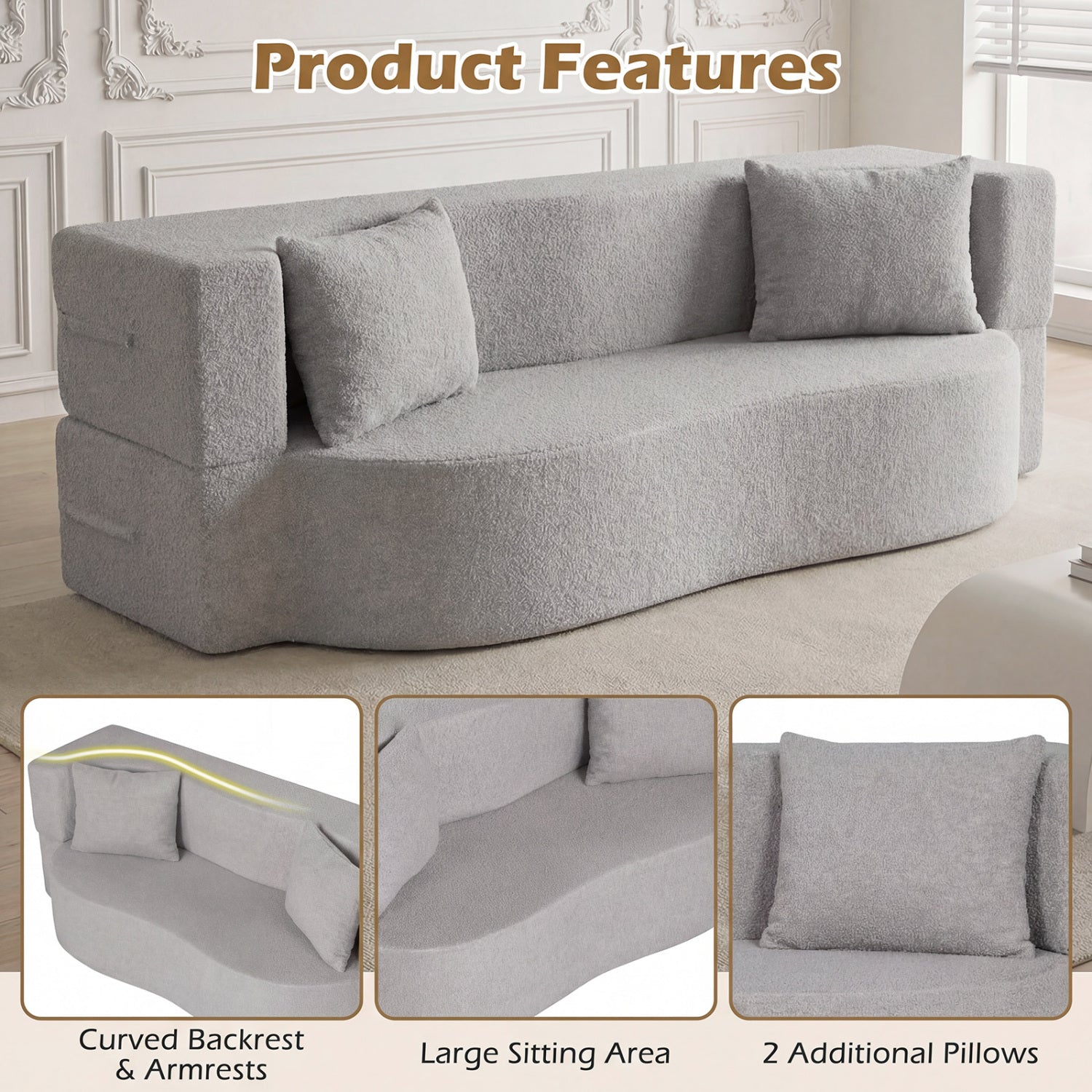 75.5 Inch Folding Sofa Bed, Convertible Teddy Fleece Loveseat, Gray Sofas & Loveseats at Gallery Canada