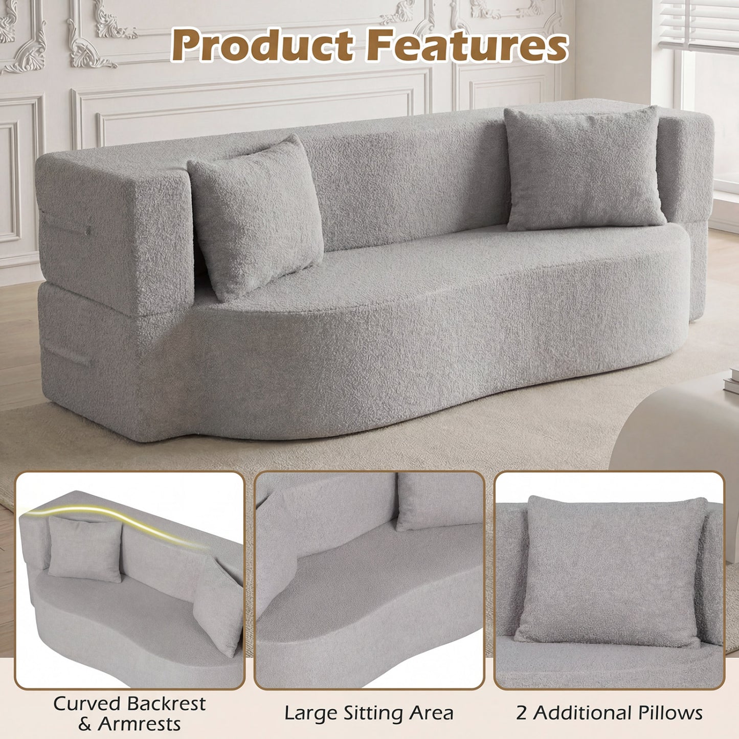 75.5 Inch Folding Sofa Bed, Convertible Teddy Fleece Loveseat, Gray Sofas & Loveseats at Gallery Canada