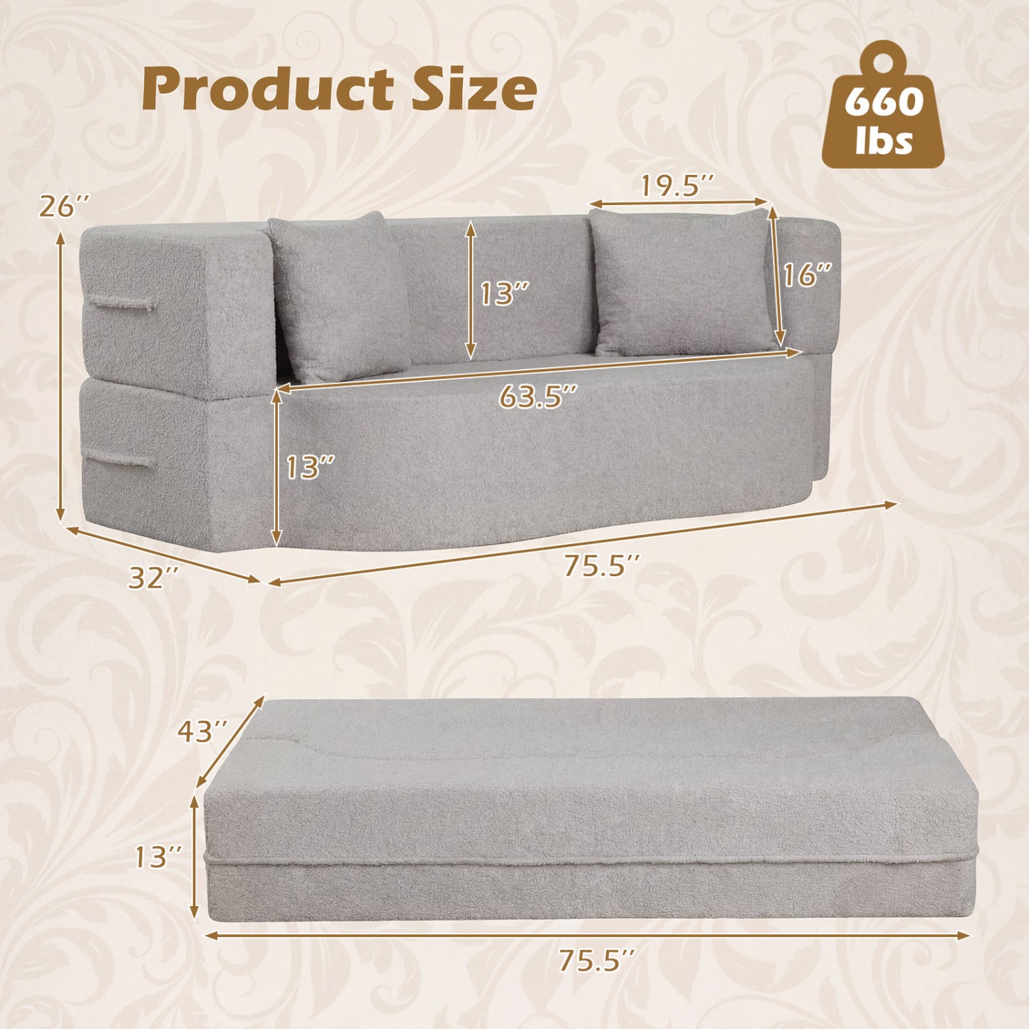 75.5 Inch Folding Sofa Bed, Convertible Teddy Fleece Loveseat, Gray Sofas & Loveseats at Gallery Canada