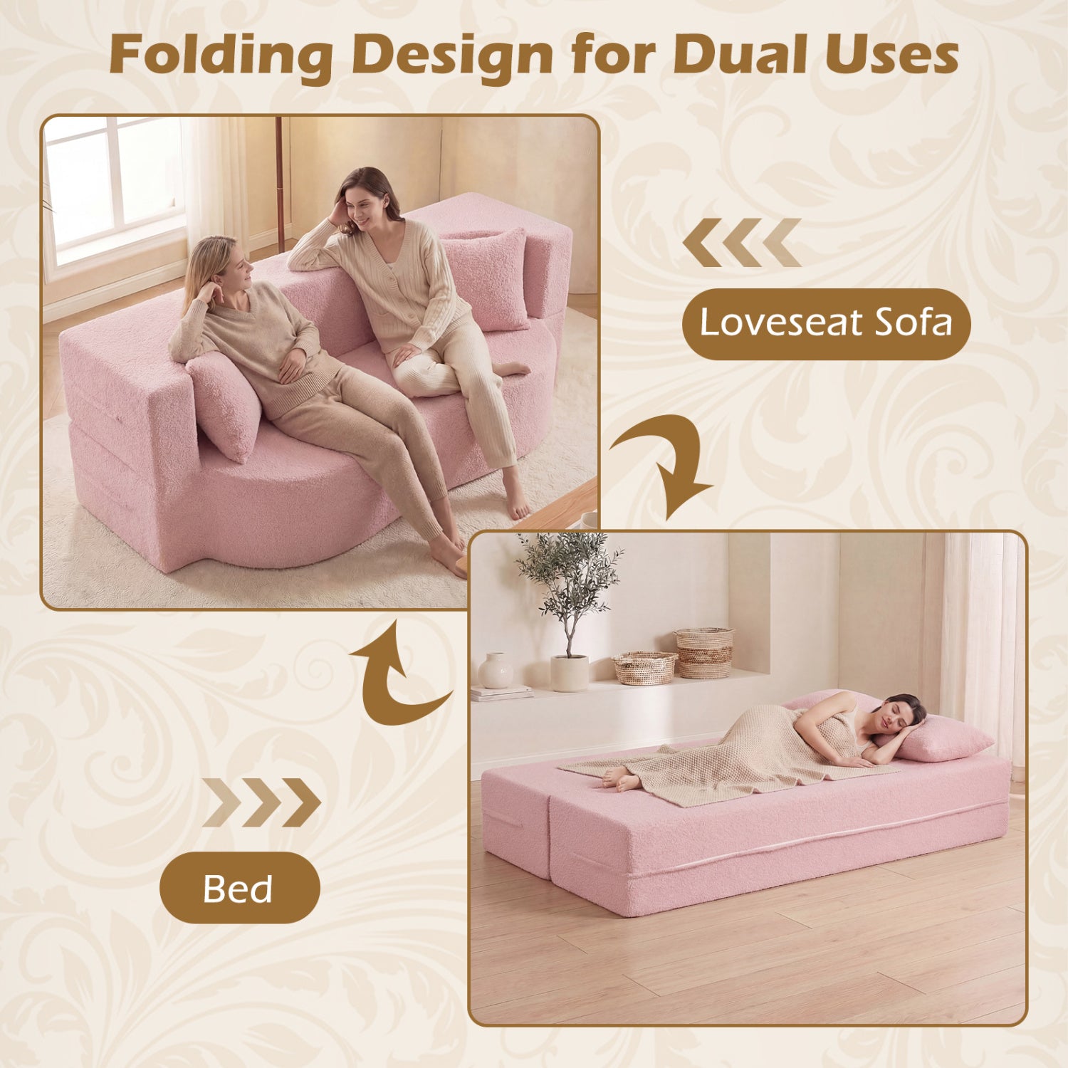 75.5 Inch Folding Sofa Bed, Teddy Fleece Loveseat, Pink Sofas & Loveseats at Gallery Canada