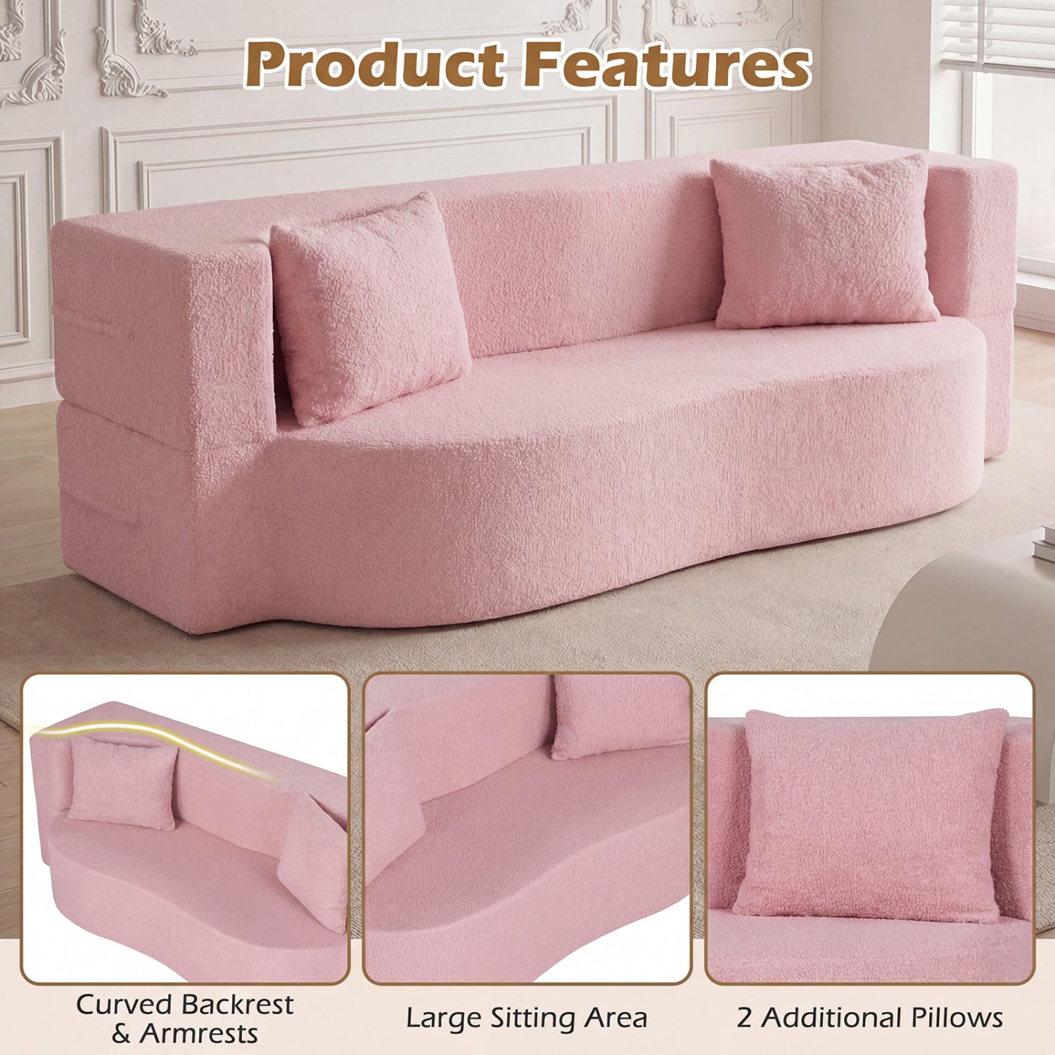 75.5 Inch Folding Sofa Bed, Teddy Fleece Loveseat, Pink Sofas & Loveseats at Gallery Canada