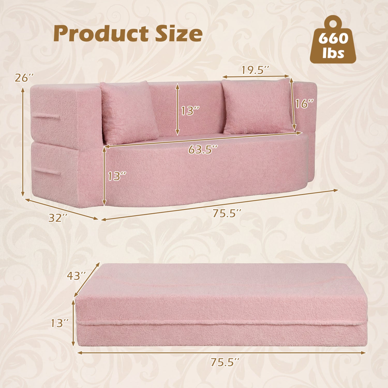 75.5 Inch Folding Sofa Bed, Teddy Fleece Loveseat, Pink Sofas & Loveseats at Gallery Canada