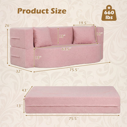 75.5 Inch Folding Sofa Bed, Teddy Fleece Loveseat, Pink Sofas & Loveseats at Gallery Canada