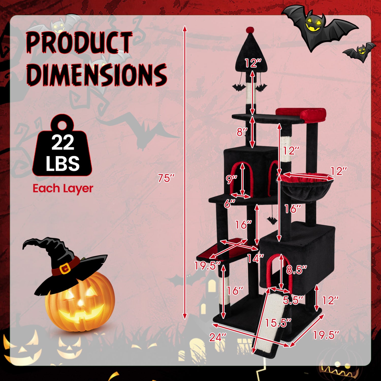 75 Inch Cat Tree, 2 Condos, Top Perch, Large Cats 20+ LBS, Black Cat Trees Condos & Scratchers at Gallery Canada