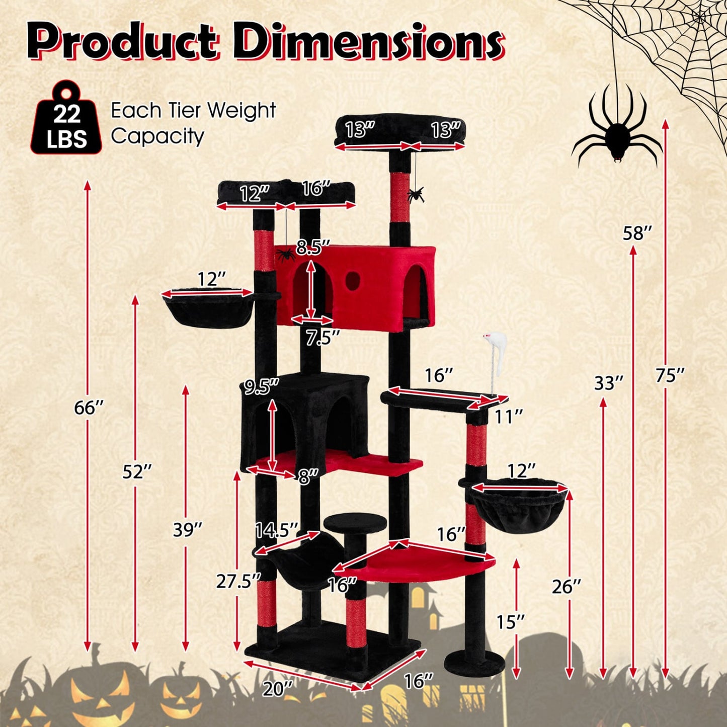 75-Inch Gothic Cat Tree with 2 Plush Perches