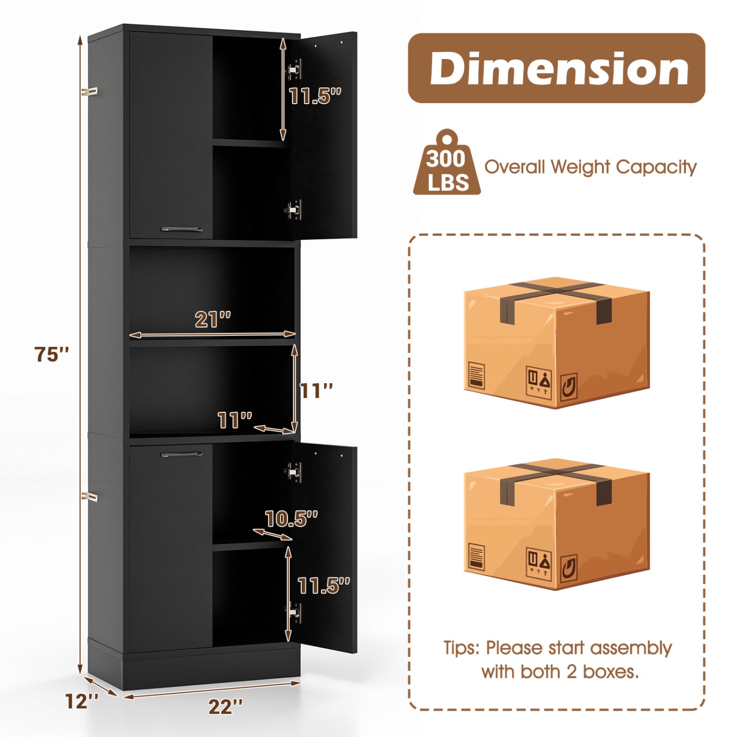 75 Inch Kitchen Pantry Cabinet, Tall Cupboard With Doors And Shelves, Black Sideboards Cabinets & Buffets at Gallery Canada