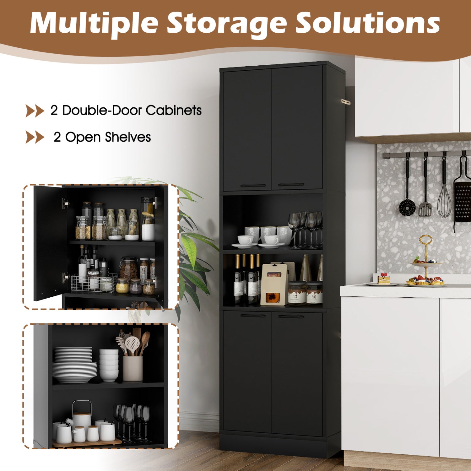 75 Inch Kitchen Pantry Cabinet, Tall Cupboard With Doors And Shelves, Black Sideboards Cabinets & Buffets at Gallery Canada