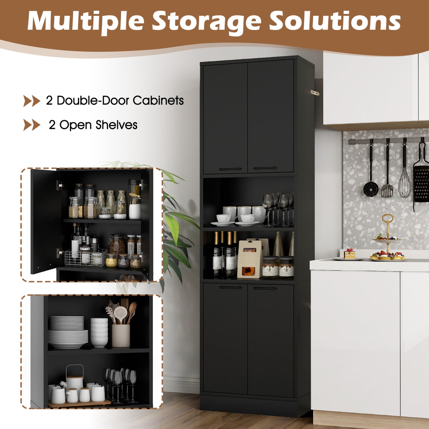 75 Inch Kitchen Pantry Cabinet, Tall Cupboard With Doors And Shelves, Black Sideboards Cabinets & Buffets at Gallery Canada