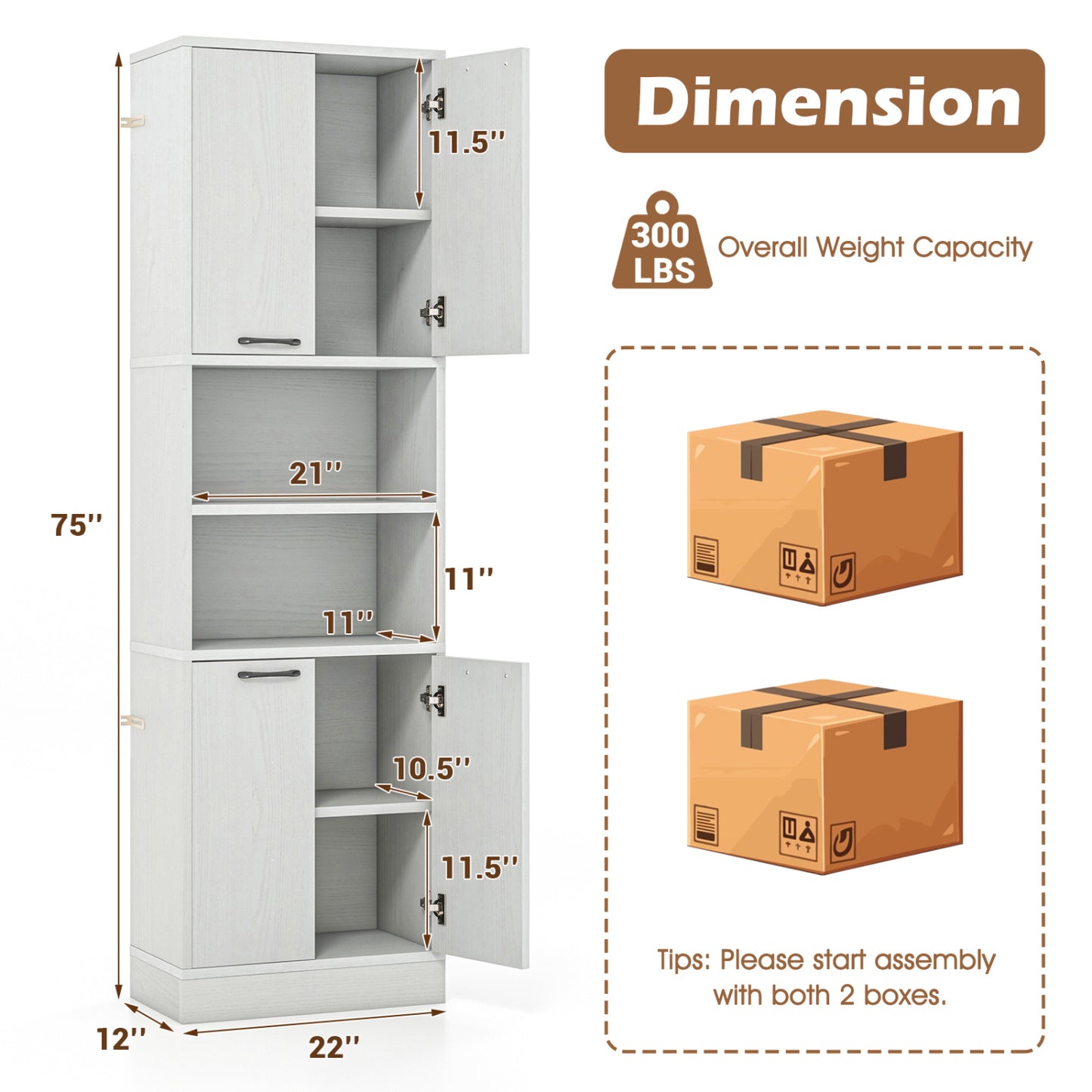Armoire de cuisine de 75 pouces, chêne, blanc