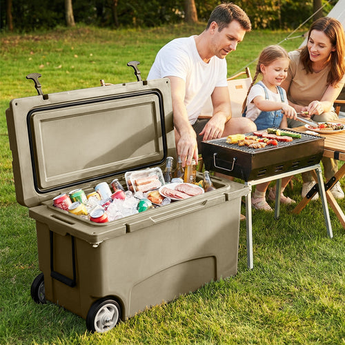 75 Quart Portable Hard Cooler with 6-Day Ice Retention and Wheels, Khaki