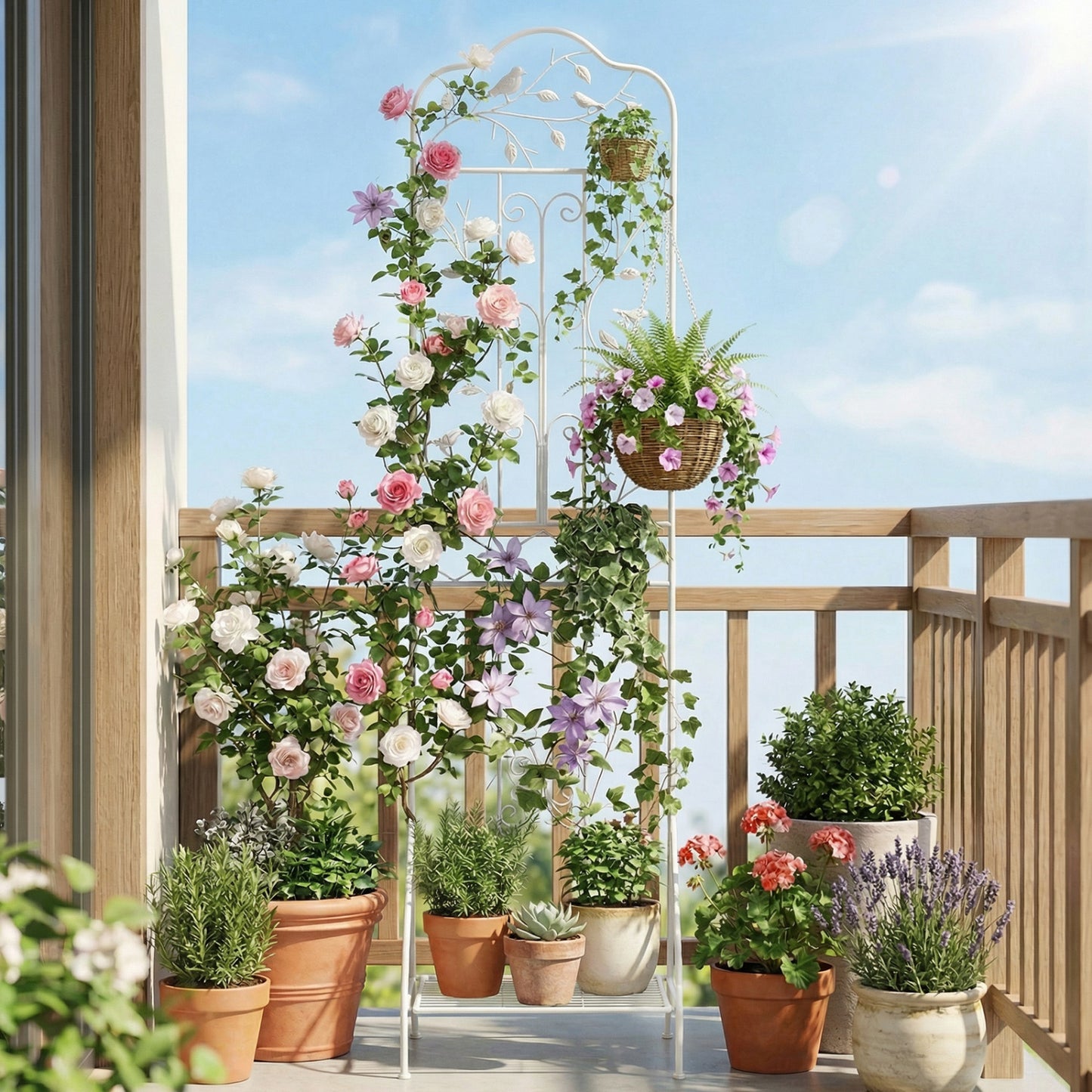 75 x 20 in Metal Garden Trellis, Foldable Shelf, White