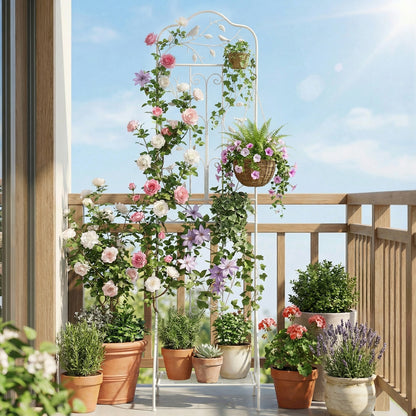 75 x 20 in Metal Garden Trellis, Foldable Shelf, White