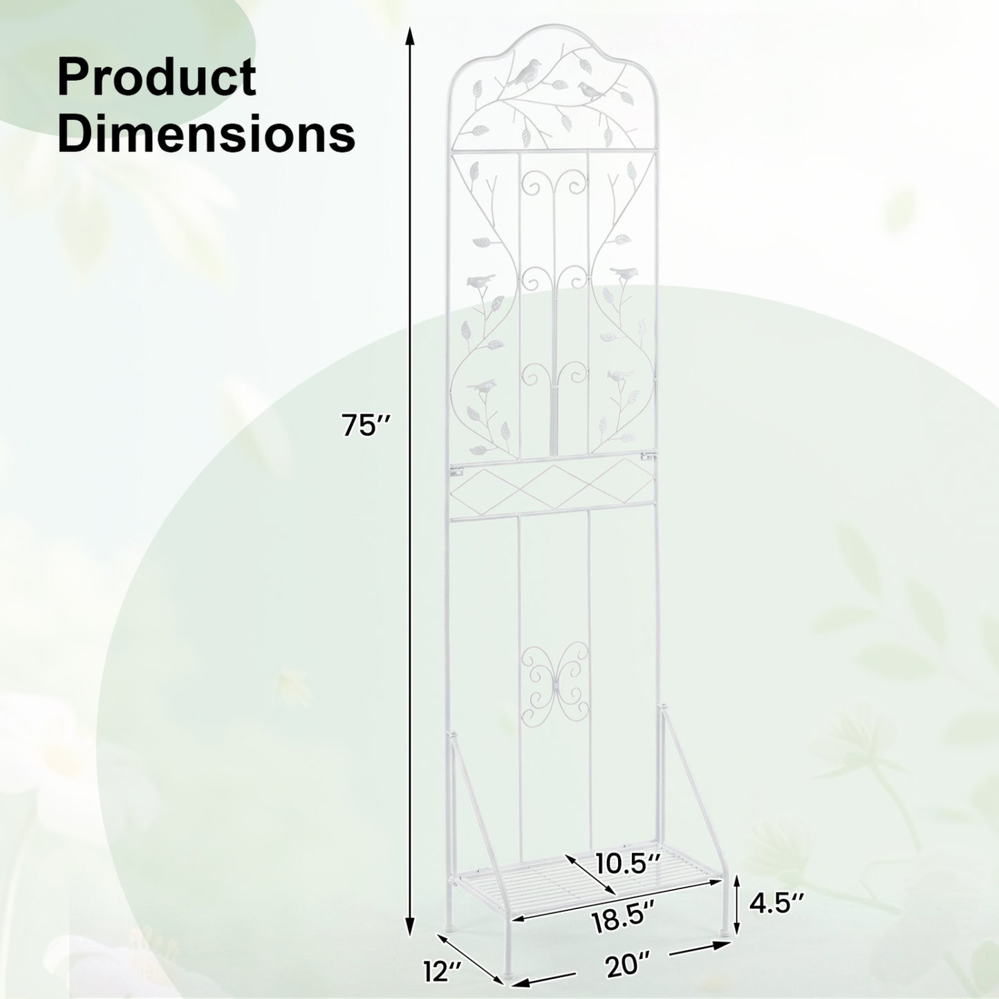 75 x 20 in Metal Garden Trellis, Foldable Shelf, White