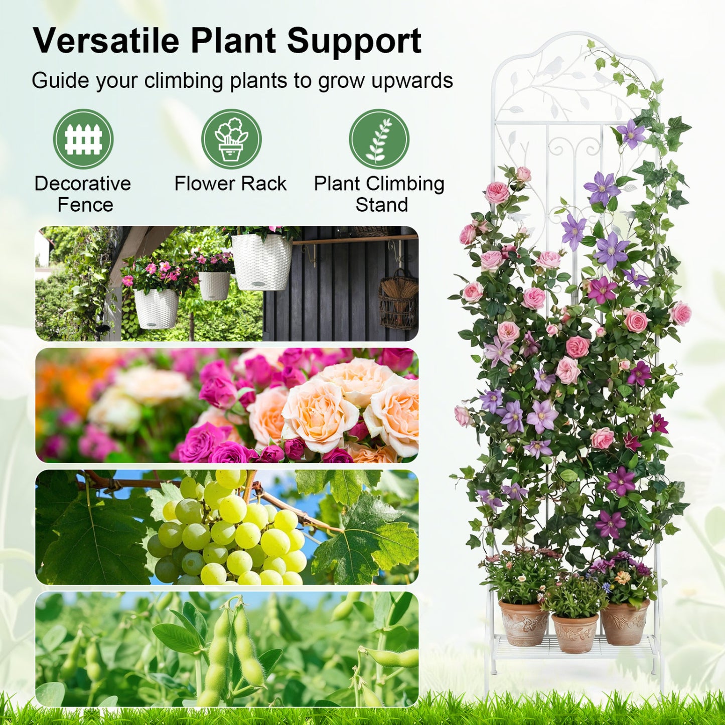 75 x 20 in Metal Garden Trellis, Foldable Shelf, White