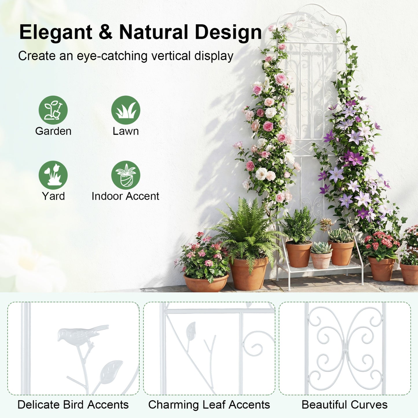 75 x 20 in Metal Garden Trellis, Foldable Shelf, White