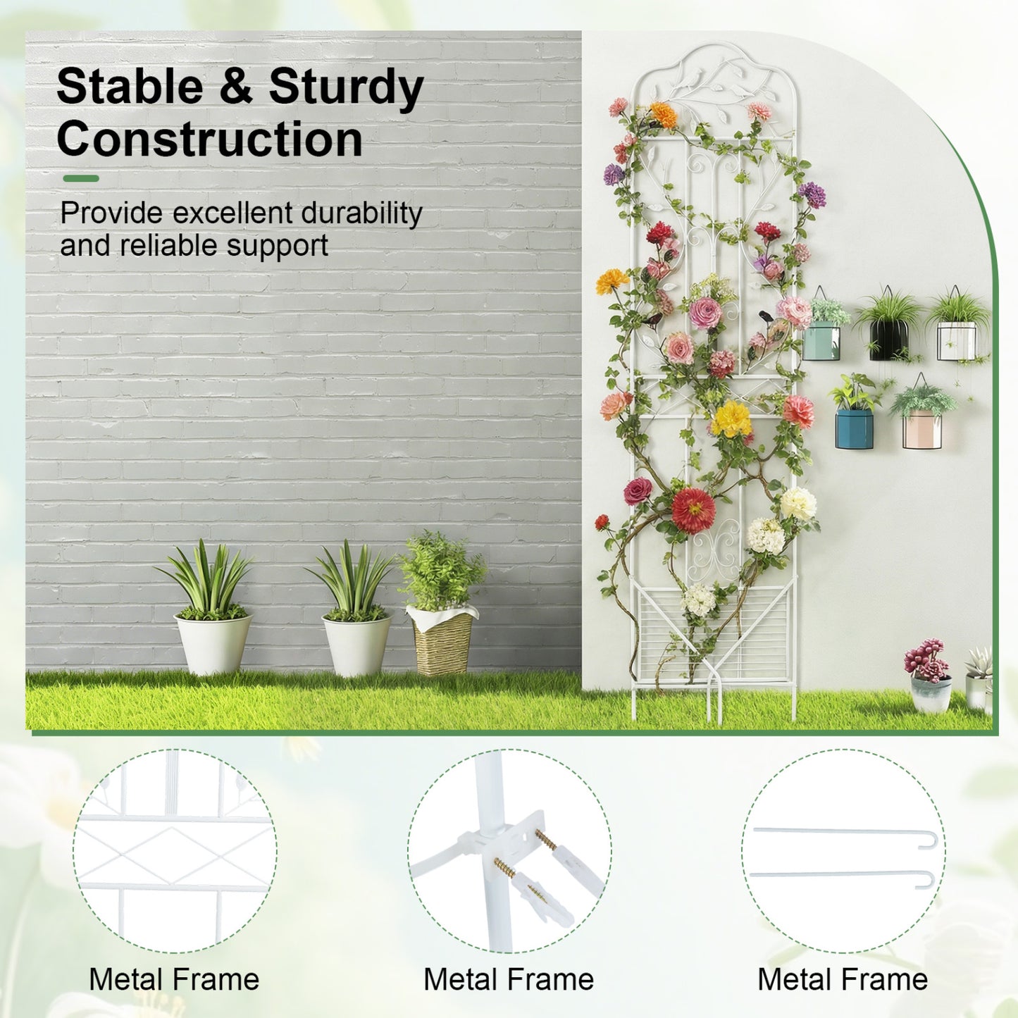 75 x 20 in Metal Garden Trellis, Foldable Shelf, White