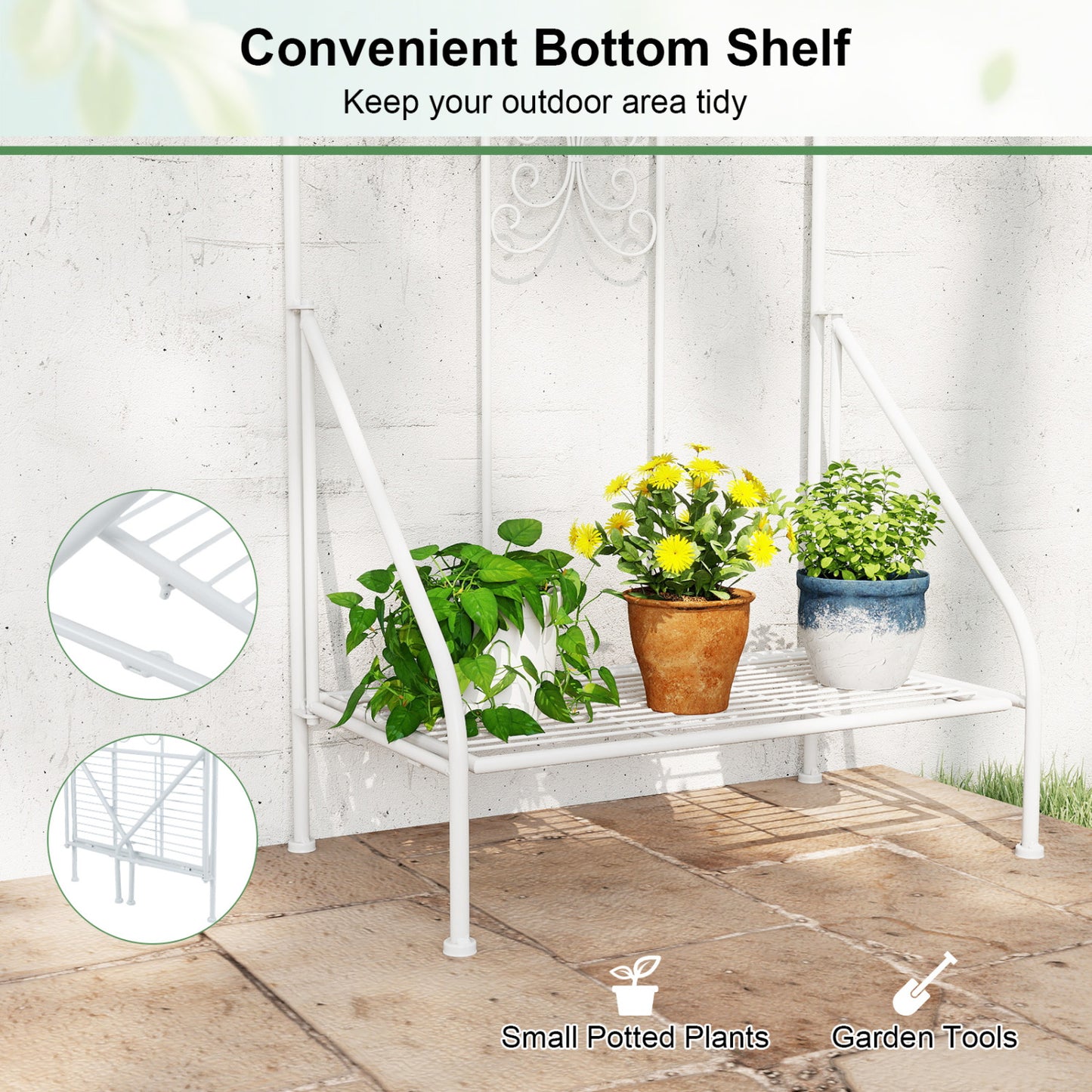 75 x 20 in Metal Garden Trellis, Foldable Shelf, White