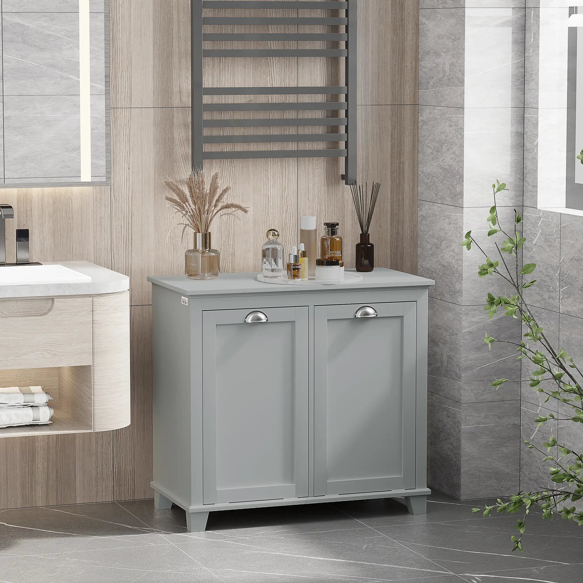 Tilt-Out Laundry Cabinet, Bathroom Organizer, Two-Compartment Hamper, Grey Bathroom Cabinets at Gallery Canada
