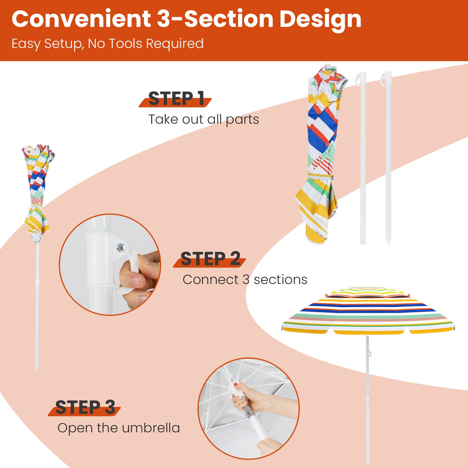 6.5 Feet Beach Umbrella with UPF50+ Sun Protection and Push Button Tilt-Colorful, Color Outdoor Umbrellas at Gallery Canada