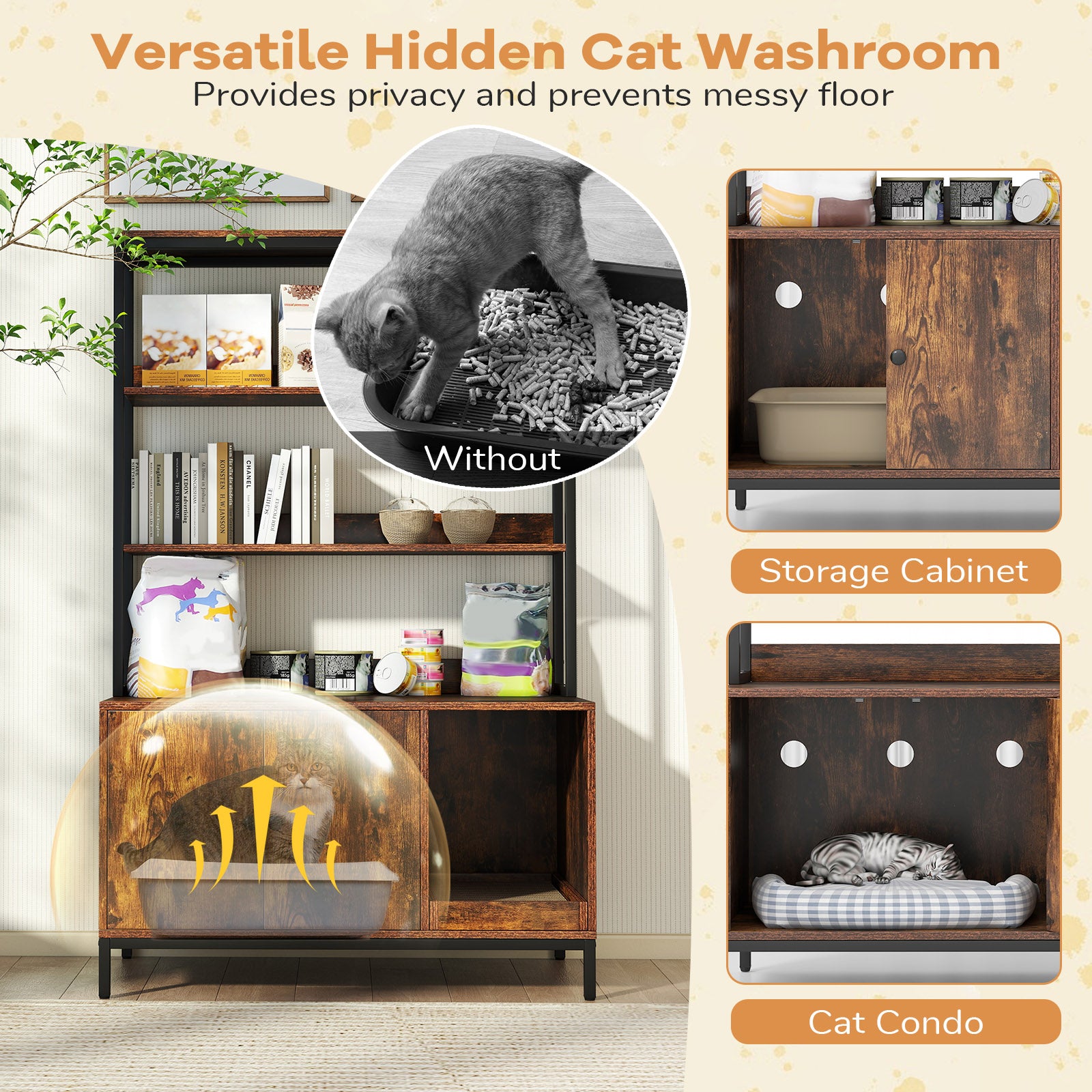 57 Inches Cat Litter Box Enclosure with Storage and Removable Scratcher, Coffee Cat Houses at Gallery Canada