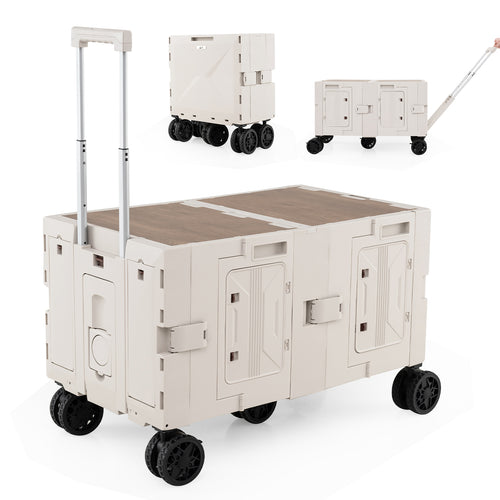 Large Foldable Utility Cart, 2-Tier Storage Crates, Telescoping Handle, White