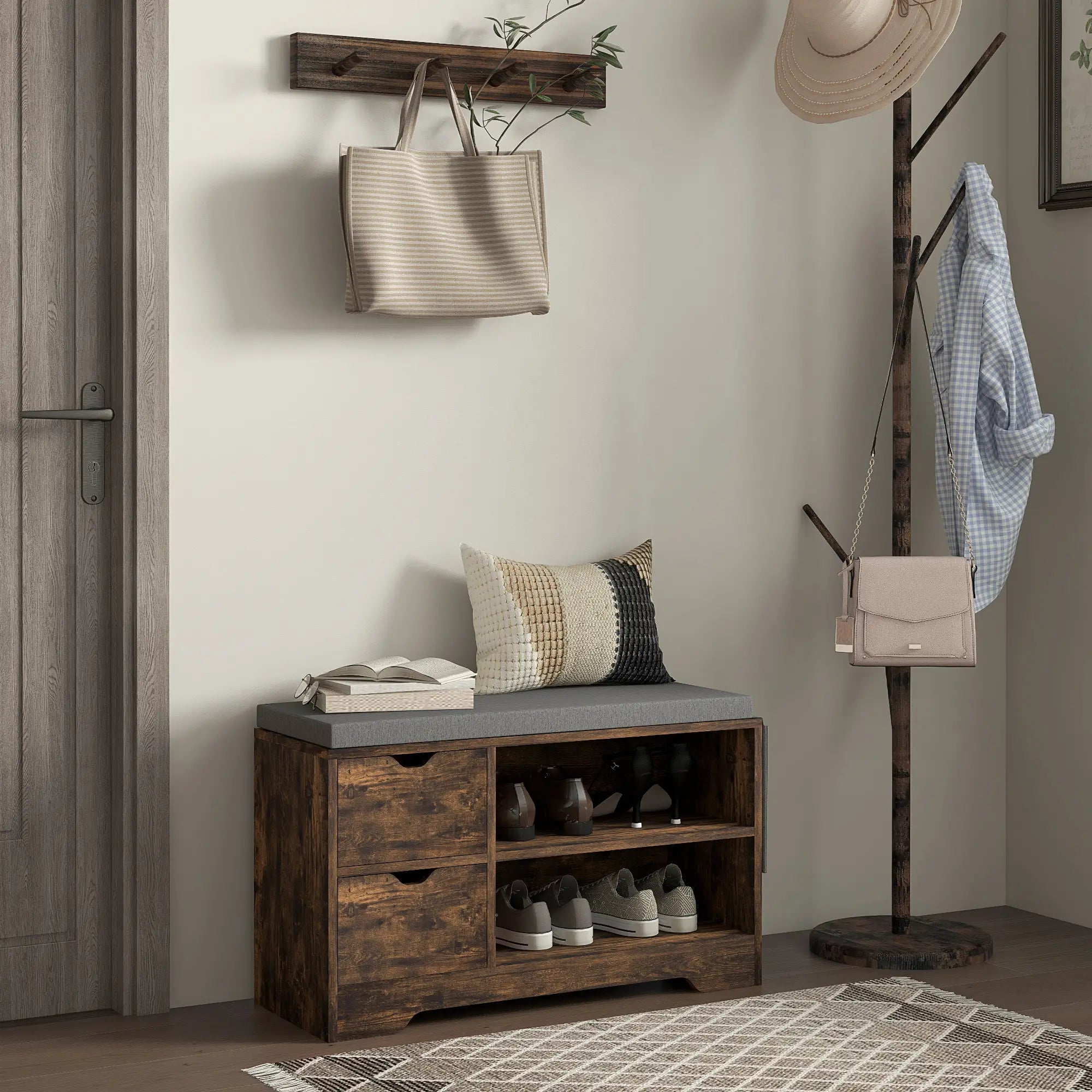 Upholstered Shoe Storage Bench, Seat w/ Drawer, Rustic Brown Shoe Storage Cabinets & Racks at Gallery Canada