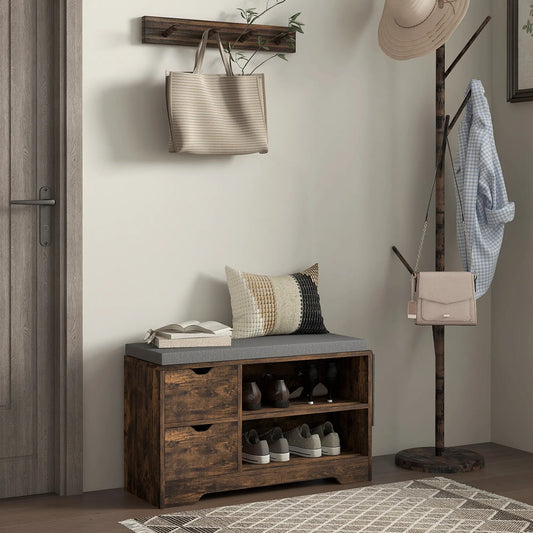 Upholstered Shoe Storage Bench, Seat w/ Drawer, Rustic Brown Shoe Storage Cabinets & Racks Rustic Brown Panel, Grey Cushion at Gallery Canada