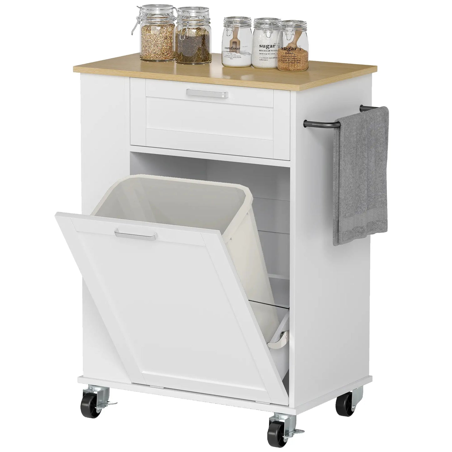 Rolling Kitchen Island with Trash Can Storage, Spice Rack, Drawer, White Kitchen Islands & Kitchen Carts Natural, Silver, Black, White at Gallery Canada