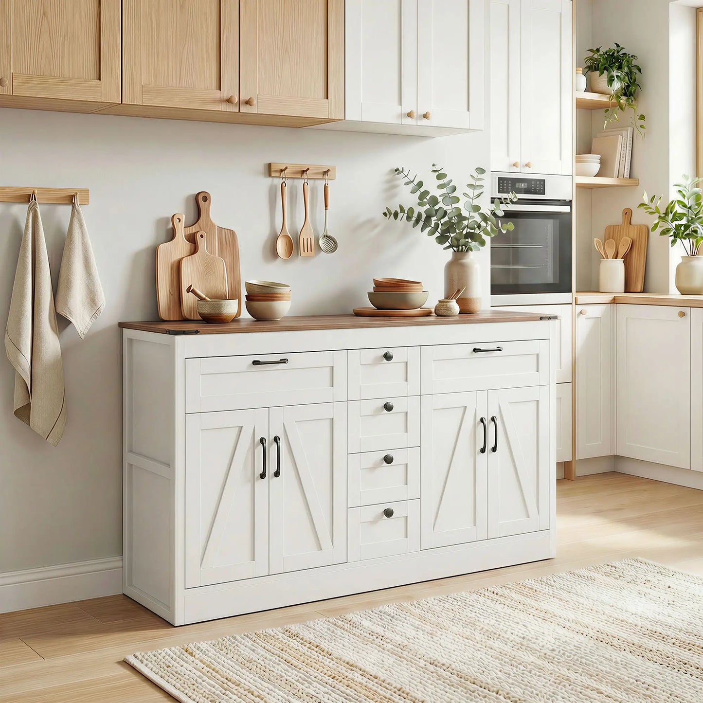 55" Sideboard Buffet Cabinet, Farmhouse Kitchen With Barn Doors, White Bar Cabinets at Gallery Canada