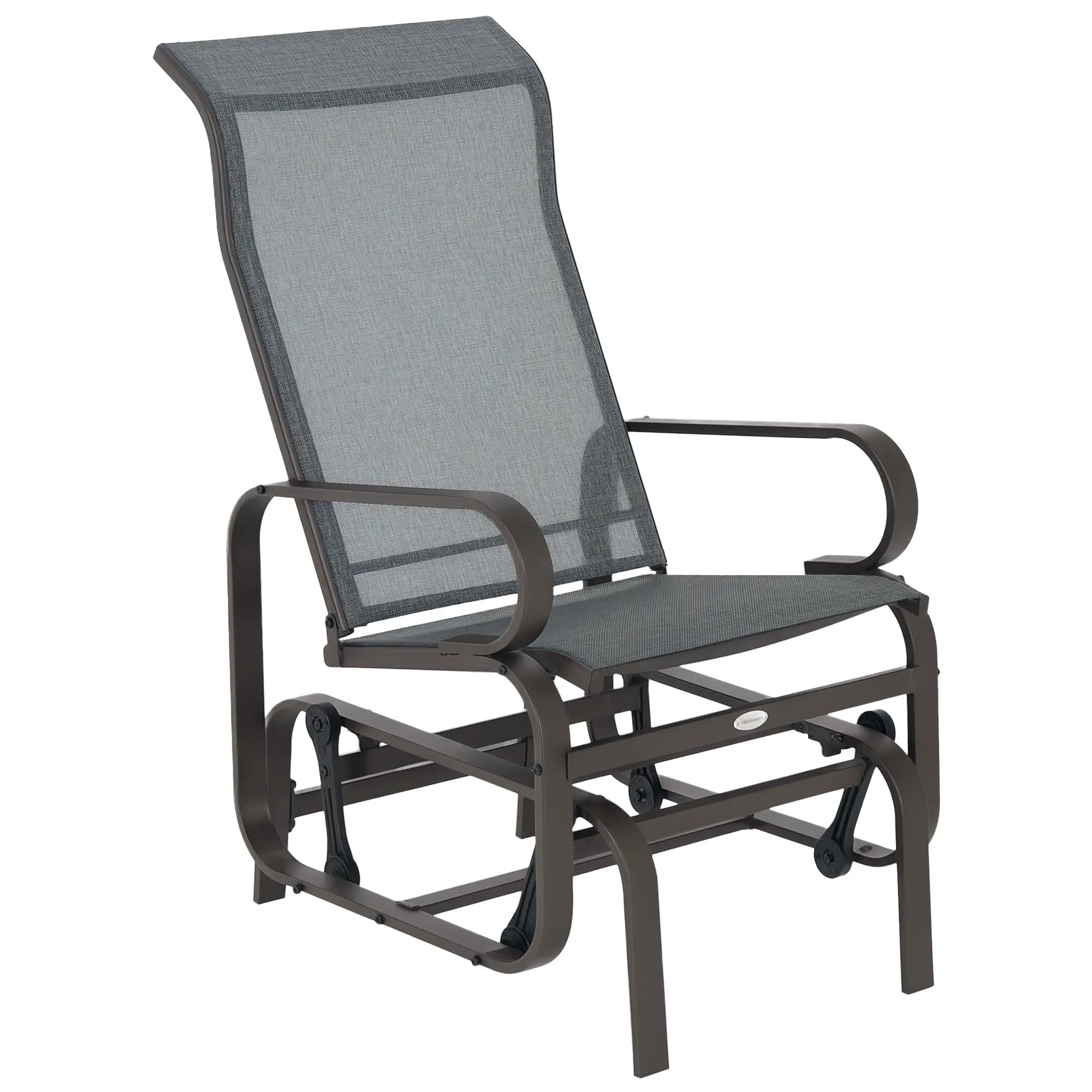 Patio Glider with Breathable Mesh, Outdoor Rocking Chair, Brown Grey Outdoor Gliders Brown Frame, Grey Texteline at Gallery Canada