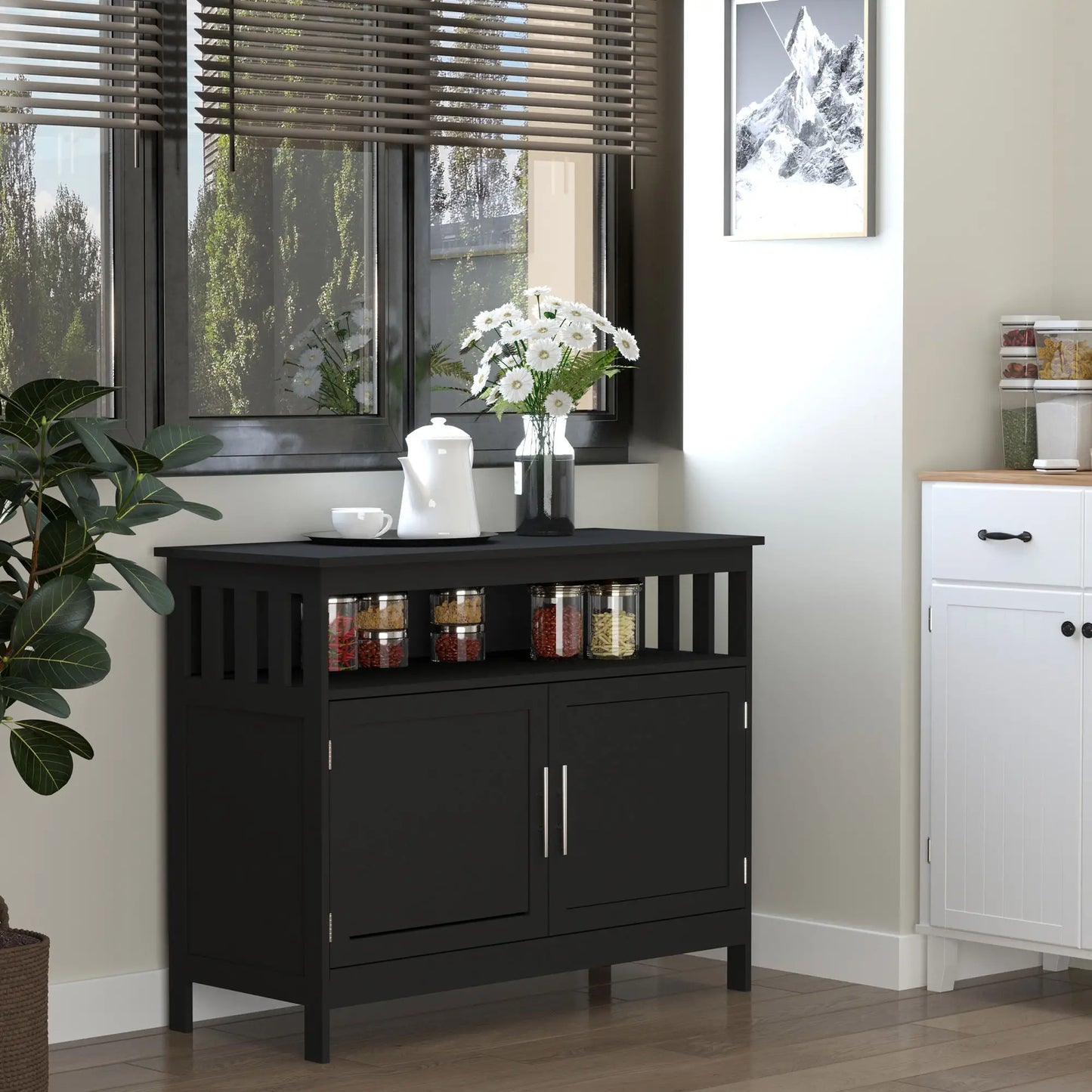 Kitchen Sideboard, Wooden Storage Cabinet, 2-Level Shelf, Black Bar Cabinets at Gallery Canada