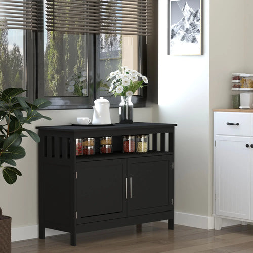 Kitchen Sideboard, Wooden Storage Cabinet, 2-Level Shelf, Black