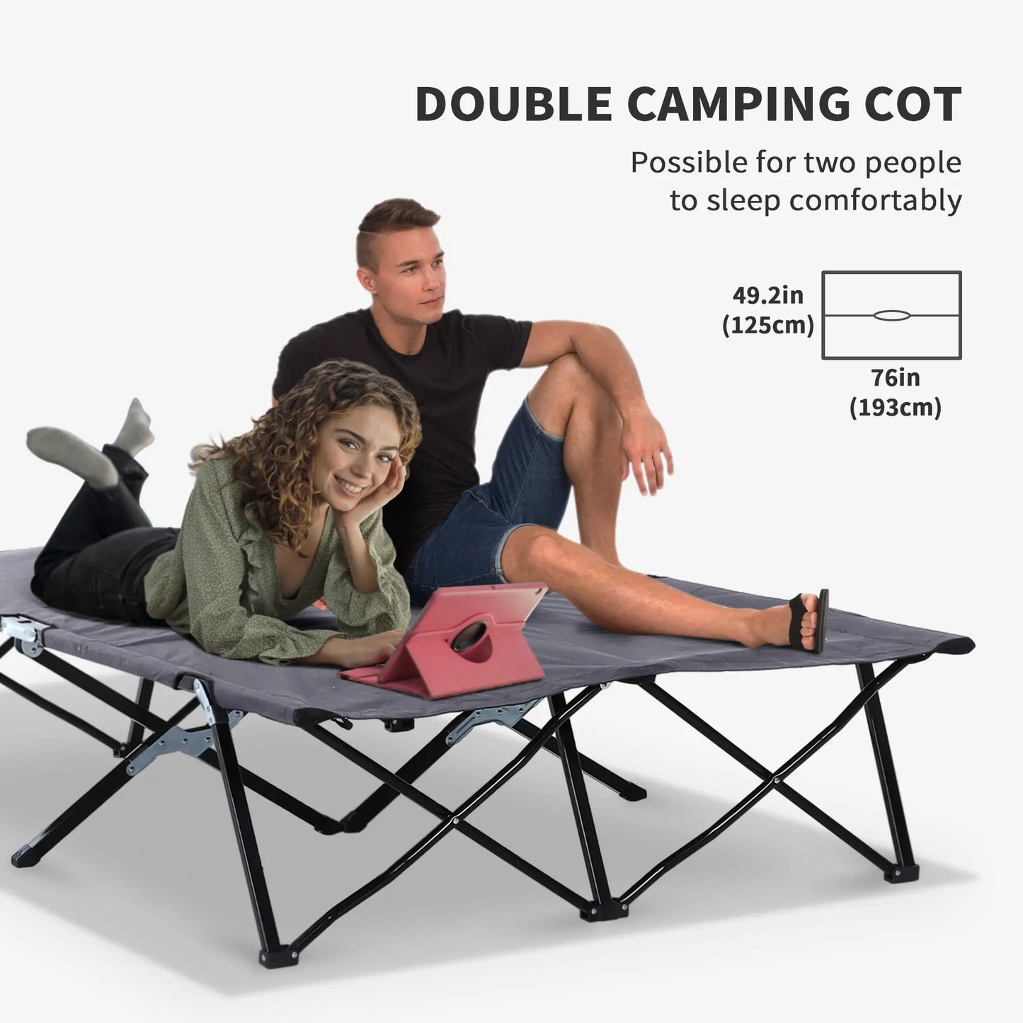 76" Two Person Folding Camping Cot, Portable Military Bed, Grey Camping Cots at Gallery Canada