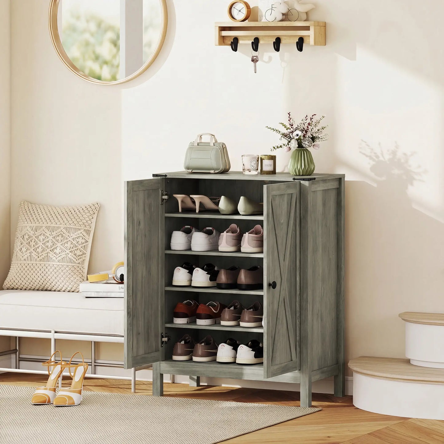 Shoe Cabinet With Barn Doors, Adjustable Shelves, Holds 15 Pairs, Grey Shoe Storage Cabinets & Racks at Gallery Canada