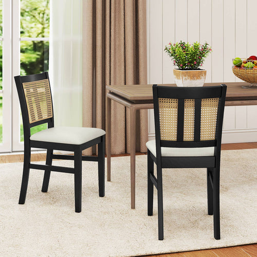 Farmhouse Rattan Dining Chair Set of 2 with Rubber Wood Legs and Cane Back, Beige
