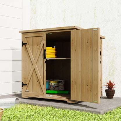 Wooden Outdoor Storage Cabinet, Garden Shed With Shelf, Double Doors, Natural