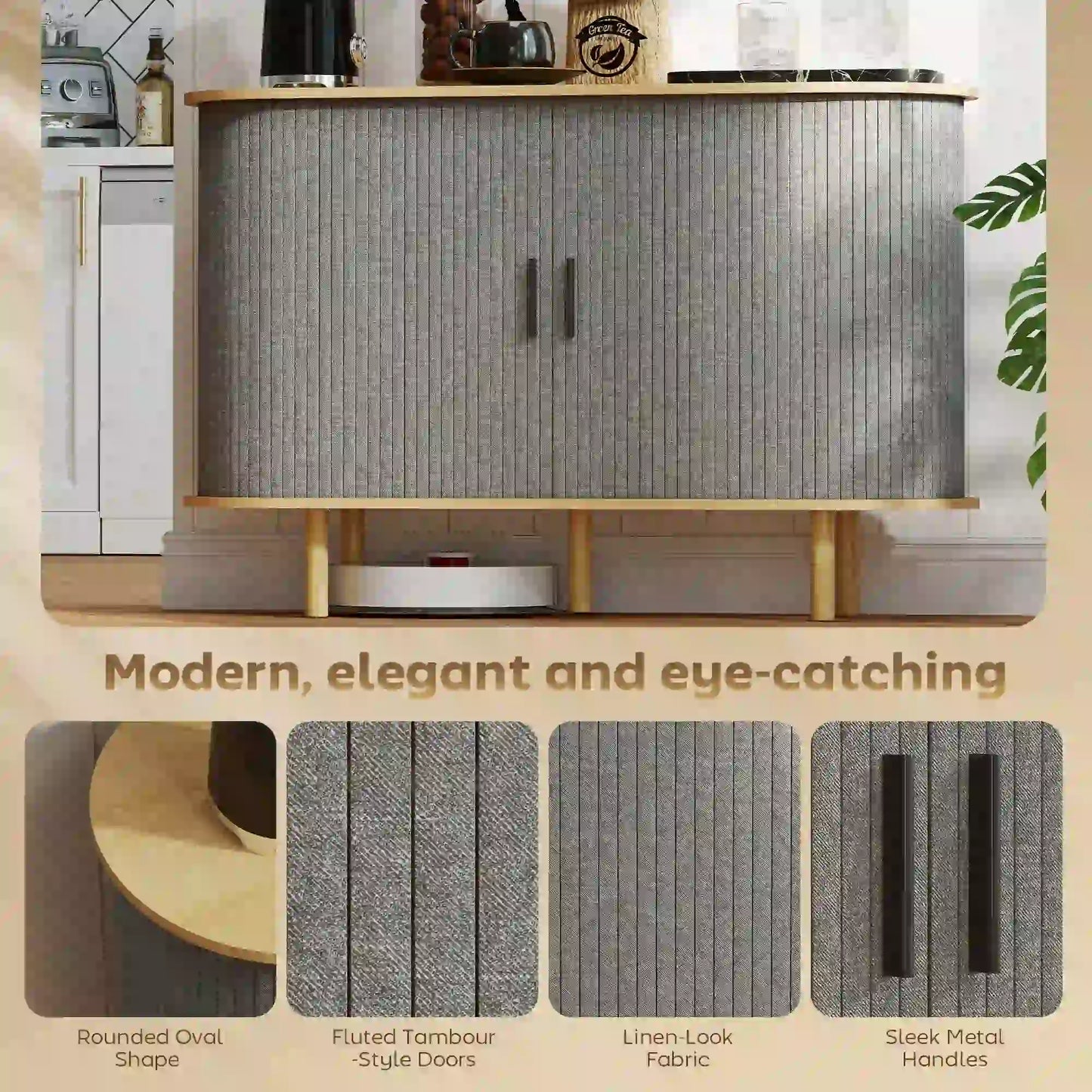 47" Buffet Cabinet, Tambour Sliding Doors, Fluted Sideboard, Grey Bar Cabinets at Gallery Canada