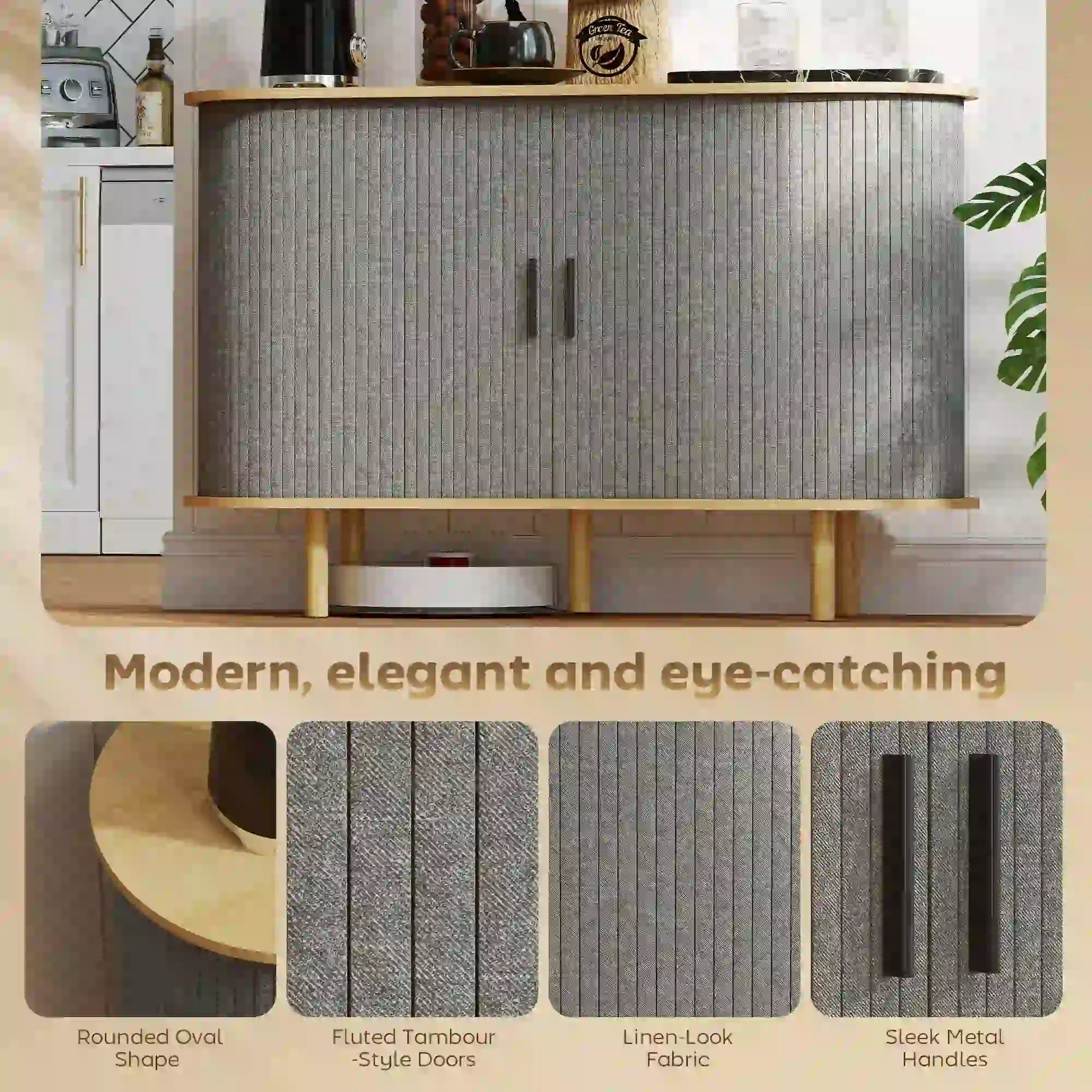 47" Buffet Cabinet, Tambour Sliding Doors, Fluted Sideboard, Grey Bar Cabinets at Gallery Canada