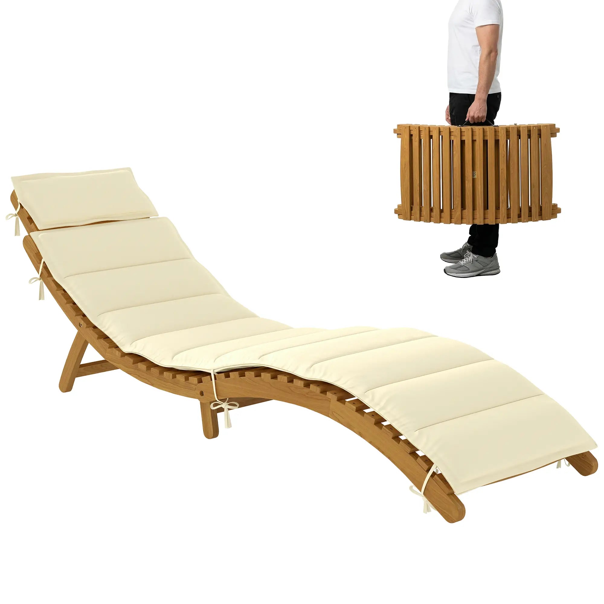 Folding Chaise Lounge Chair, Acacia Wood, Tanning, Cream White Lounger Chairs at Gallery Canada