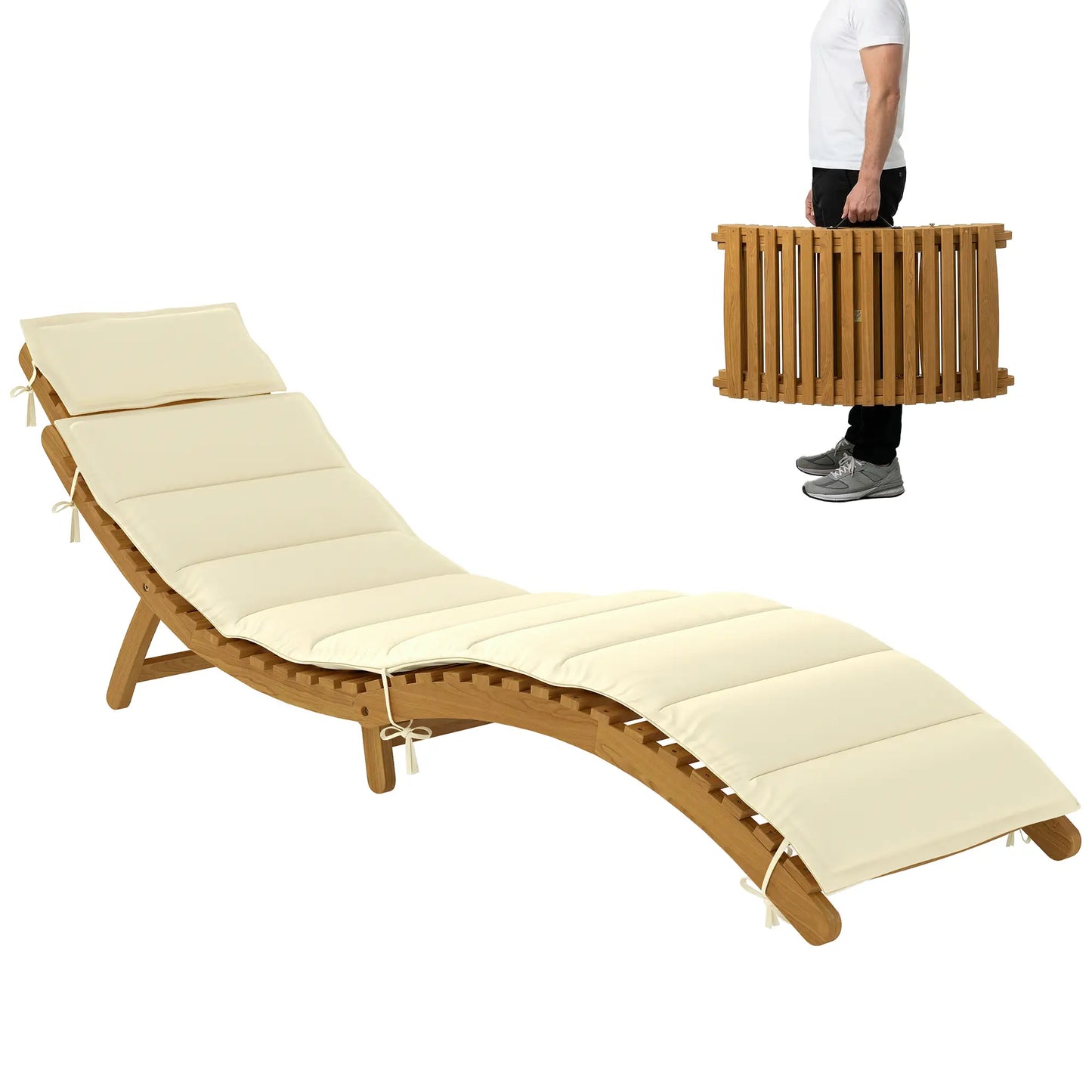 Folding Chaise Lounge Chair, Acacia Wood, Tanning, Cream White Lounger Chairs at Gallery Canada