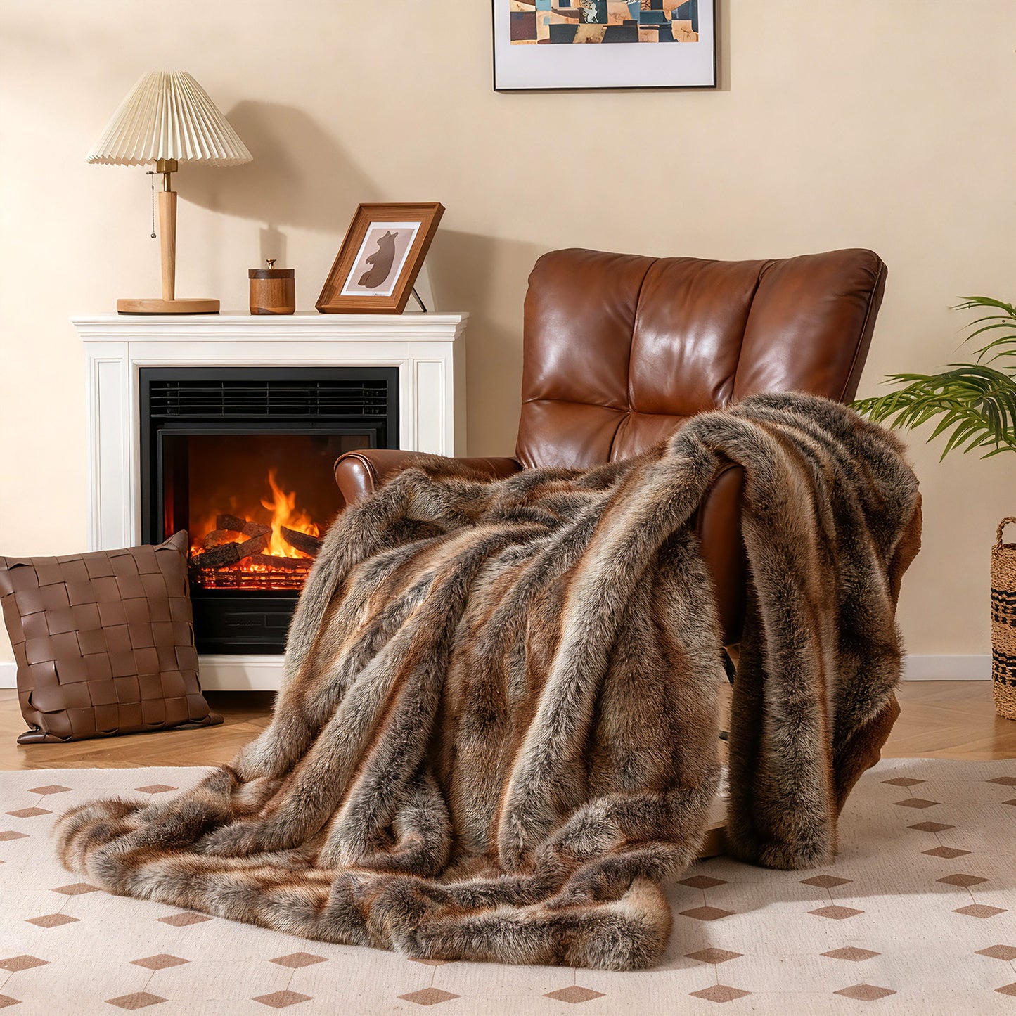 780GSM Soft Plush Faux Fox Fur Blanket, Brown Bedding at Gallery Canada