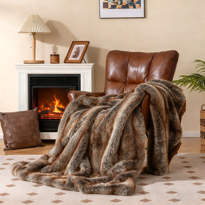 780GSM Soft Plush Faux Fox Fur Blanket, Brown Bedding at Gallery Canada