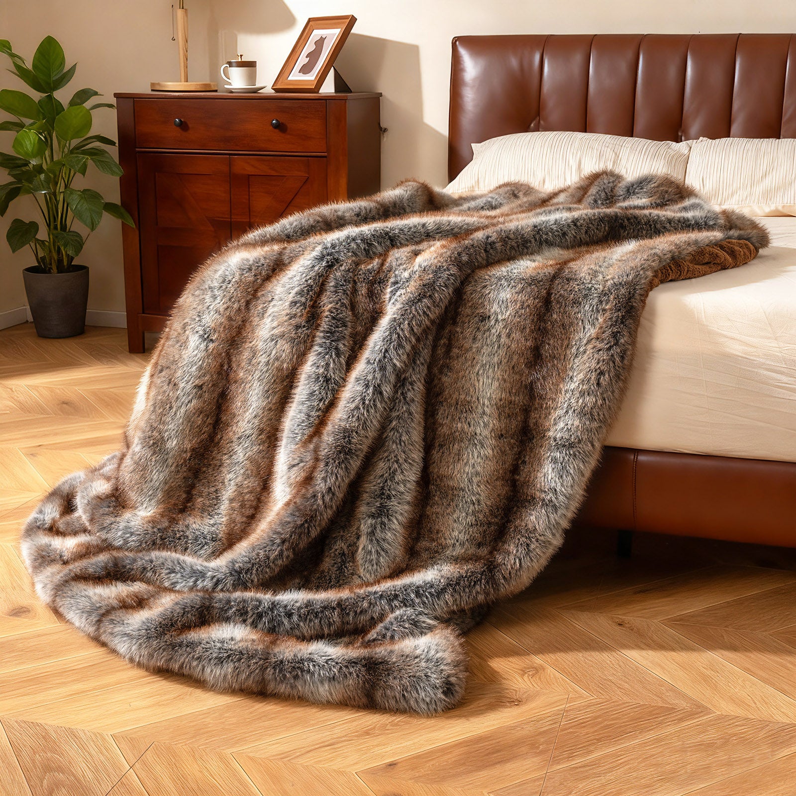 780GSM Soft Plush Faux Fox Fur Blanket, Brown Bedding at Gallery Canada