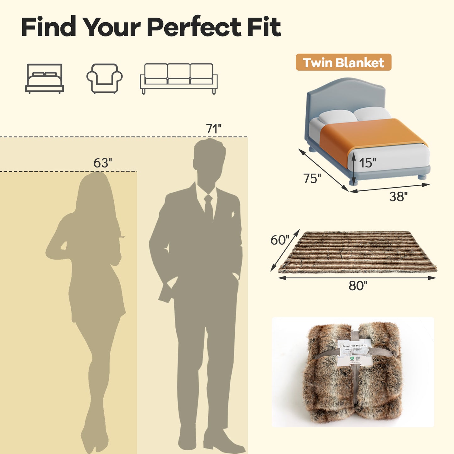780GSM Soft Plush Faux Fox Fur Blanket, Brown Bedding at Gallery Canada