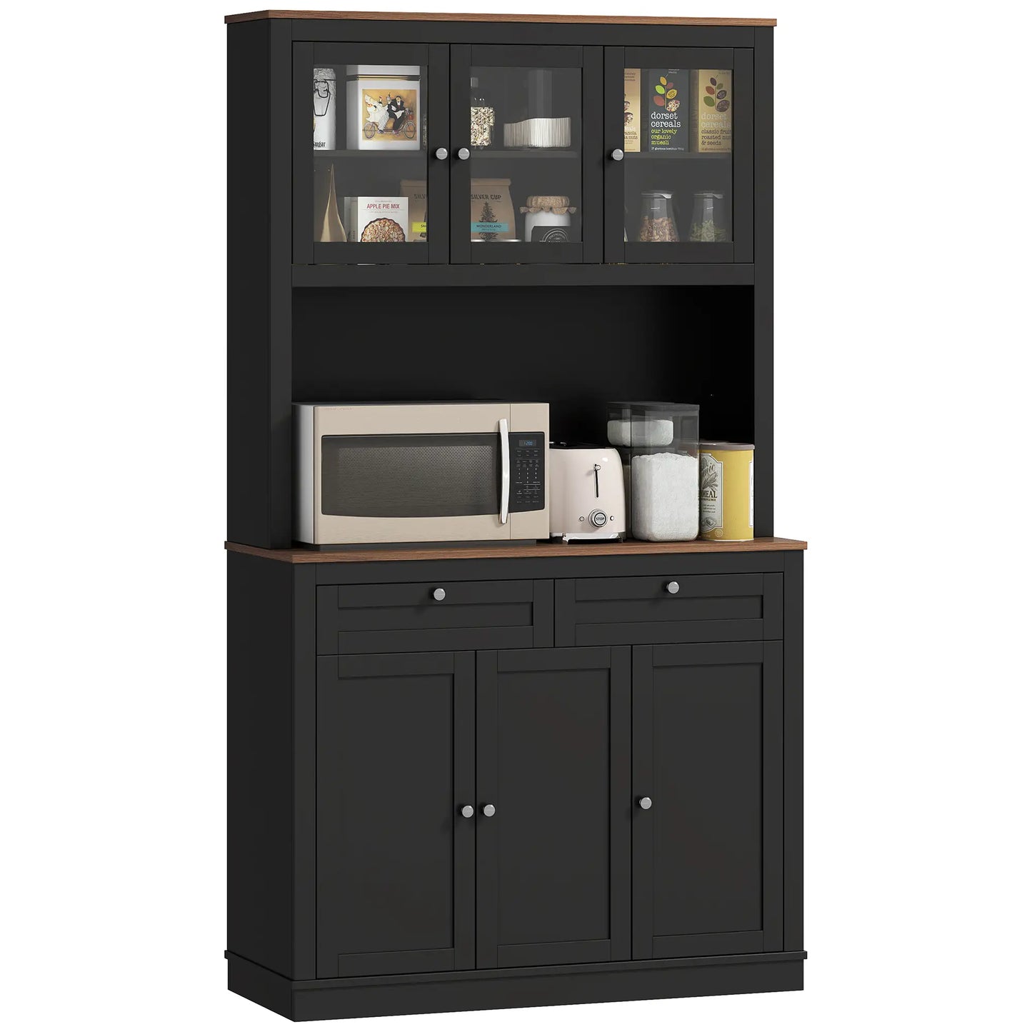 71" Pantry Cabinet with Microwave Space, Buffet Hutch, 2 Drawers, Adjustable Shelves, Black Kitchen Pantry Cabinets at Gallery Canada