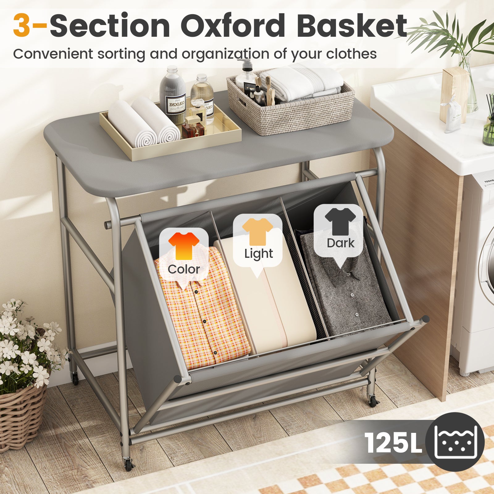 3-Section Laundry Sorter with Foldable Ironing Board and Lockable Wheels, Gray Laundry Baskets at Gallery Canada