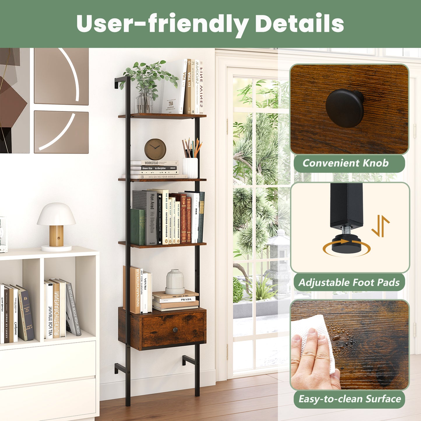 5-Tier Ladder Bookcase with Drawer and Metal Frame for Study Home Office, Rustic Brown Bookcases at Gallery Canada