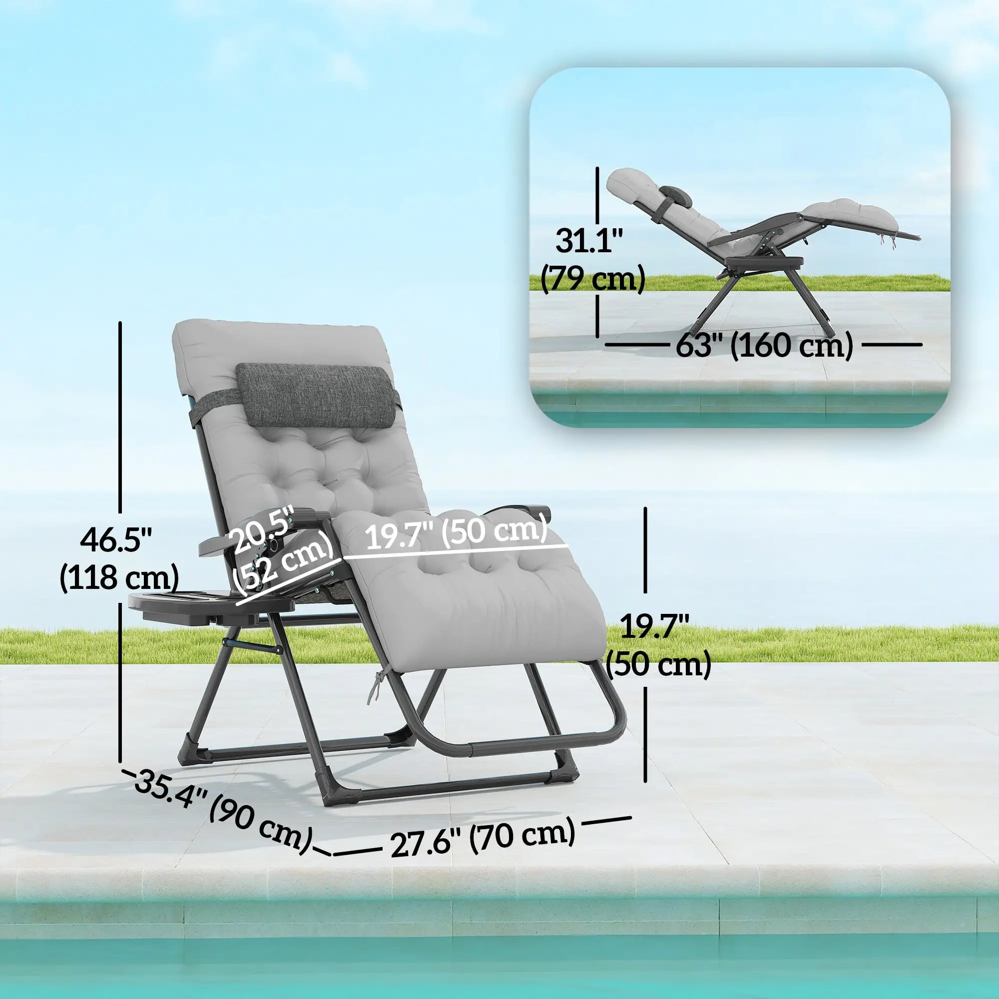 Padded Folding Recliner Chair, Adjustable Backrest, Grey Lounger Chairs at Gallery Canada