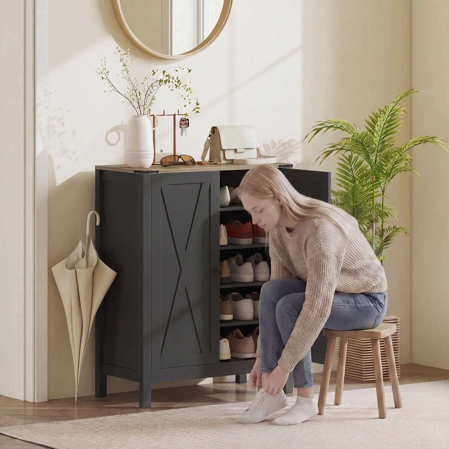 Shoe Cabinet With Barn Doors, Adjustable Shelves, 15 Pairs, Black Shoe Storage Cabinets & Racks at Gallery Canada