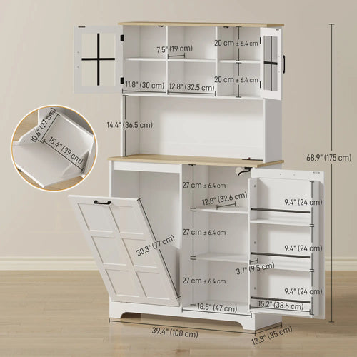 Kitchen Pantry Cabinet, 7 Gallon Trash Can, Adjustable Shelves, White